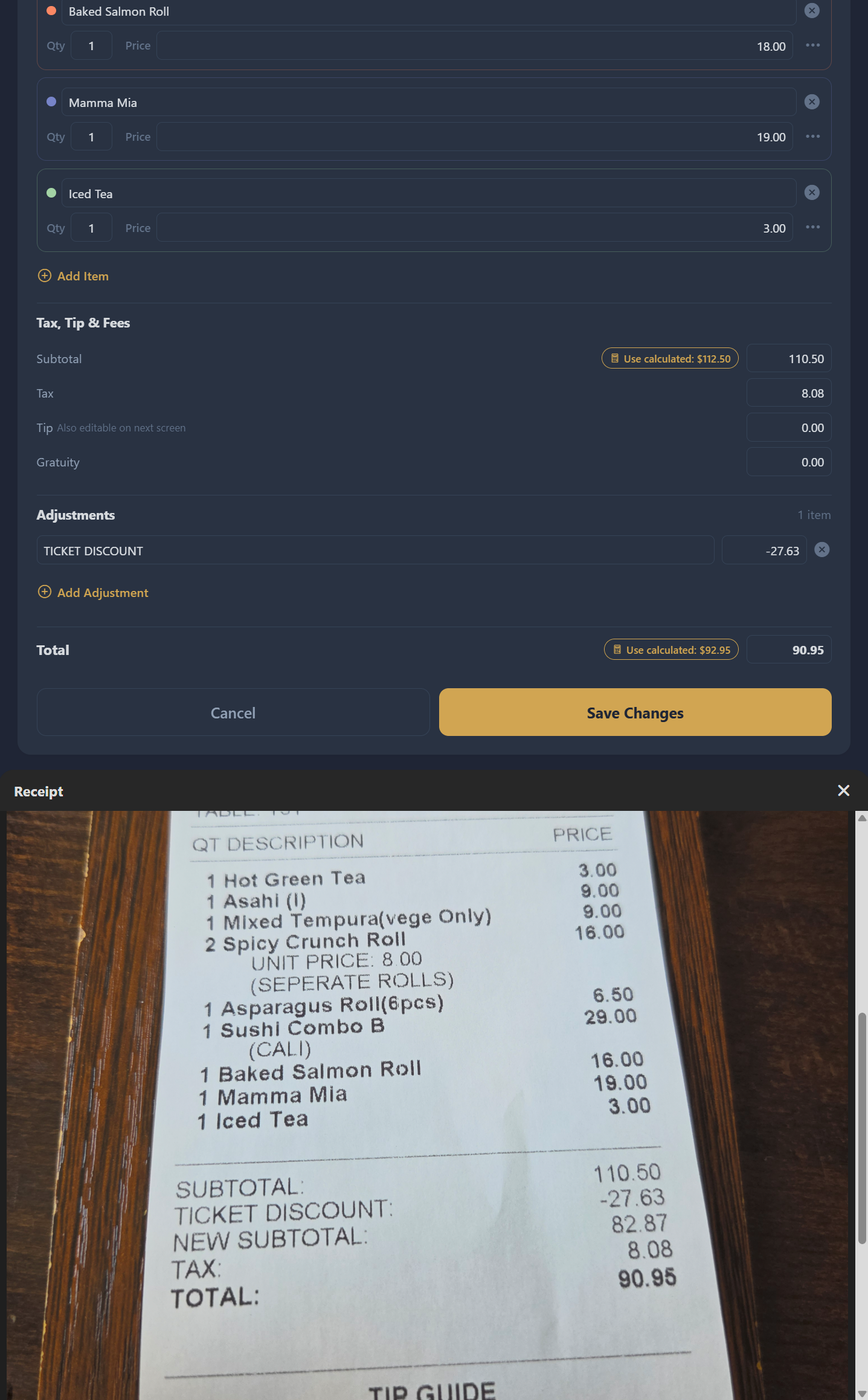 Tax, Tip & Fees section