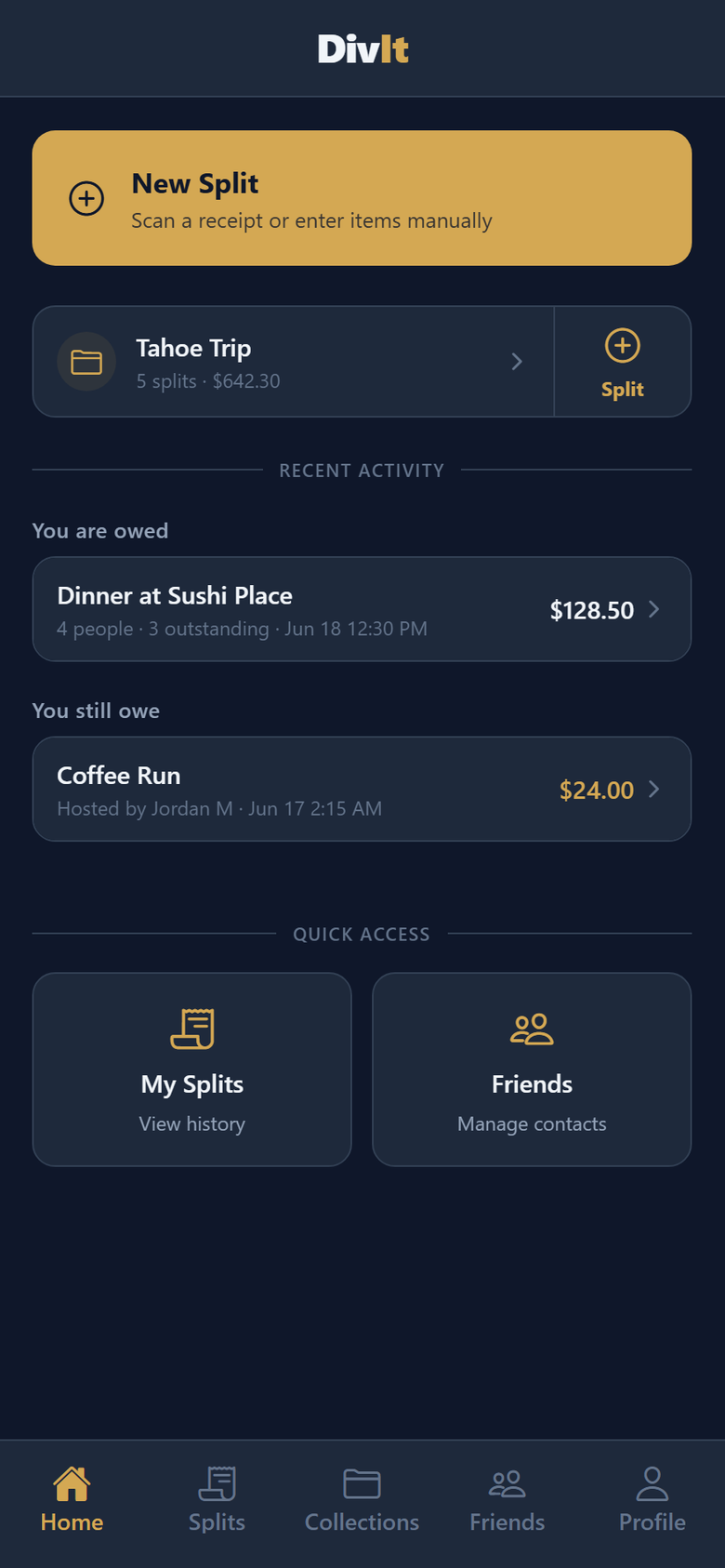 DivIt home screen tracking which friends have paid their share