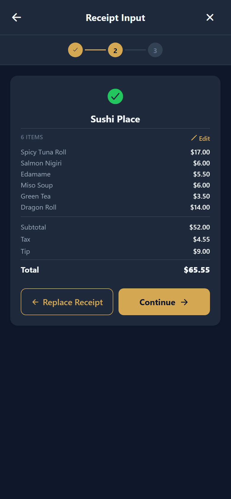 DivIt reading a scanned restaurant receipt into itemized line items