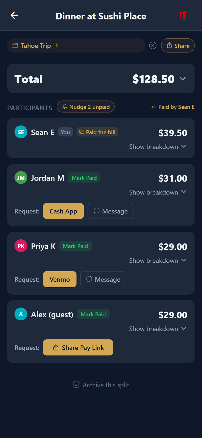 DivIt split summary showing each person's share of a dinner bill and one-tap payment requests